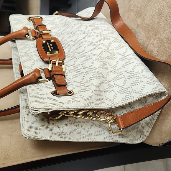 Michael Kors large brown and tan logo monogram tote fancy business shoulder bag - Picture 3 of 17